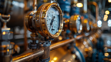 Fototapeta premium Industrial pressure gauge in golden hue. Close-up of measurement device in factory setting. Concept of precision engineering and industrial processes.
