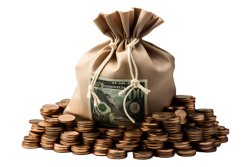 Sack full of money dollars with usd currency on transparent background