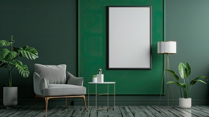 Elegant Green Living Room with Modern Furniture and Empty Frame