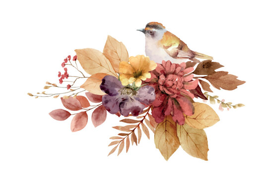 Autumn vector floral clipart. Fall arrangement with bird, flowers and leaves. Hand painted illustration for greeting cards, wedding invitations, floral poster and decorations.