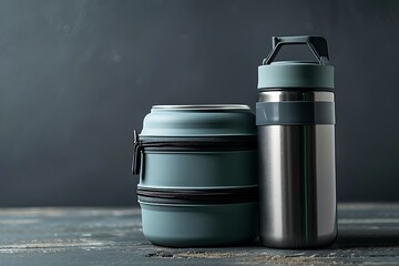 A close-up shot of a durable lunch box and thermos bottle positioned on a studio table with soft lighting.