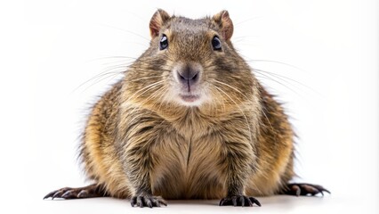 Obraz premium Large rodent with coarse fur, webbed feet, and expressive eyes sitting upright on a plain white isolated background solo.