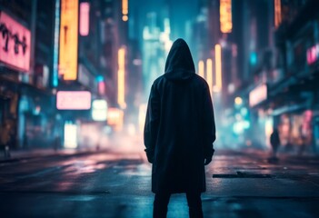 cyberpunk person standing street rear middle a view hooded city