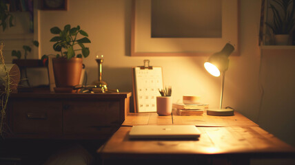 minimalist calendar, soft lighting, and muted colors, creating a peaceful work environment,