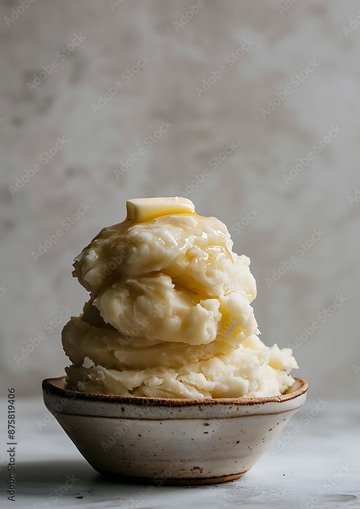 Poster stack of fluffy mashed potatoes with pat of melting butter on top served in rustic bowl against neut