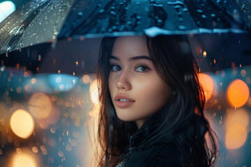 a beautiful woman with umbrella in the rain during blue hour 
