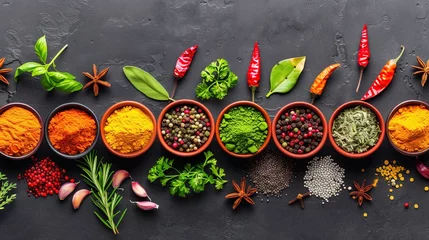 Crédence de cuisine Cuisine Colourful Fresh Herbs, Peppers, and Spices Arranged on Dark Background  © PrettyStock