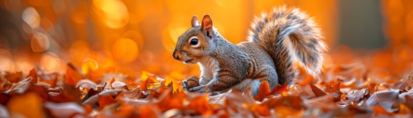 A closeup of a squirrel gathering acorns among fallen leaves, with vibrant autumn colors in the background, high detail