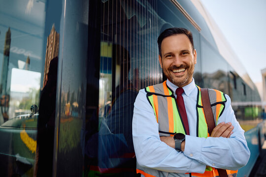 Portrait of confident bus driver looking at camera.