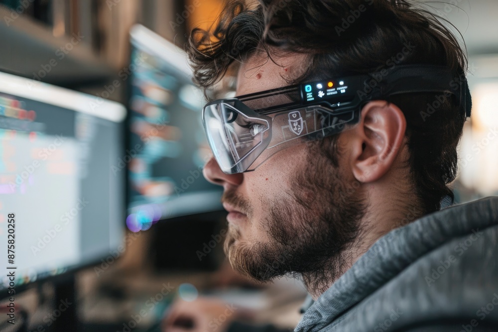 Poster a professional analyzes a digital ai interface, signifying advancements in technology and data scien