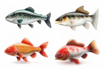 Fish 3d realistic icon, mackerel draw shape, fishing symbol, tuna silhouette, salmon sign, color fish