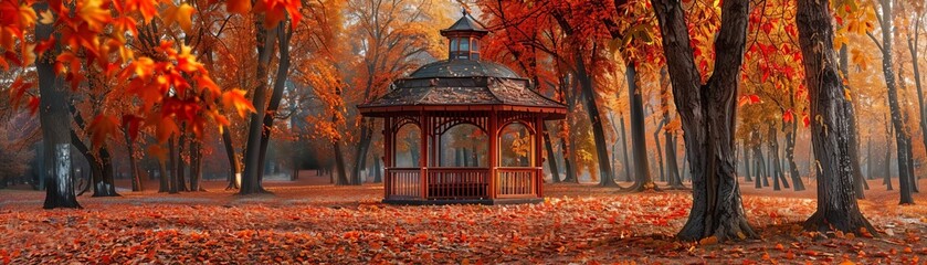 A detailed shot of a gazebo in a park surrounded by trees with red and yellow leaves, with a carpet of leaves on the ground, high detail