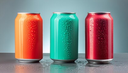 Soda or Energy Drink Can Mockup - Orange, Turqouise and Red Can Template - Aluminium Tin Drinking Can for Logo Placement - Design Template for Beverage - Standard Packaging with Drops and Effects