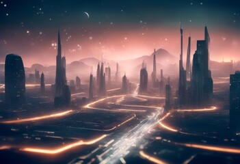 Obraz premium landscape futuristic future car city distance technology urban skyline sky horizon
