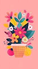 A colorful bouquet of flowers in a wicker basket with strawberries and lemons on a pink background.