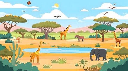 A colorful illustration of a savanna landscape with giraffes, elephants, and other animals.