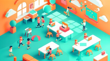 A colorful isometric illustration of a classroom with students and teachers.