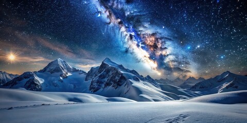 Snow covered mountain landscape under a starry night sky, snow, mountains, night, sky, stars, landscape, winter, cold, icy