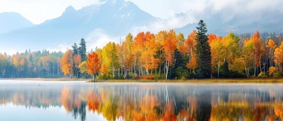 Obraz premium A serene landscape with a mountain range in the background and a forest ablaze with fall colors in the foreground, high detail