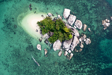 Belitung, Indonesia: Aerial overhead view of the idyllic Belitung island with its famous granite...