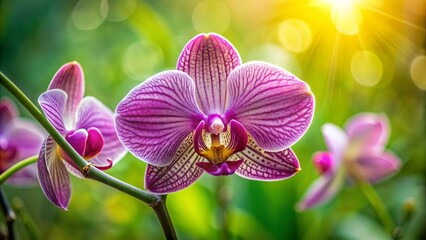 Delicate purple orchid blooms with intricate petals and yellow center against a soft, blurred green background, exuding elegance and serenity.