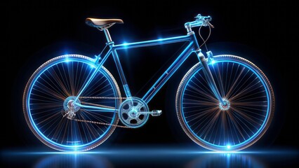 Fototapeta premium Sleek, futuristic, transparent bicycle hologram with glowing blue lines, metallic accents, and dynamic wheel patterns against a transparent backdrop.