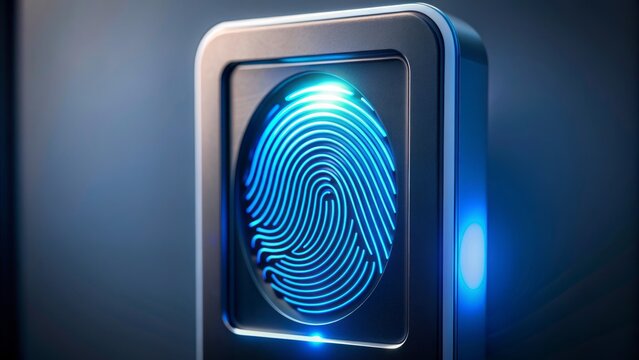 A modern high-tech device with sleek design featuring a fingerprint recognition system with glowing blue LED lights in background.