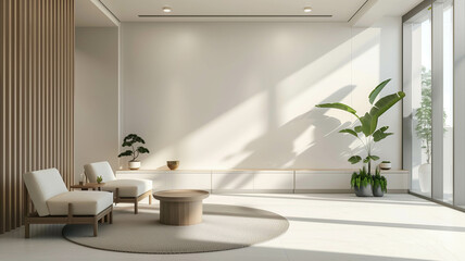 minimalist office space with soft neutral colors, natural light, and a serene atmosphere,