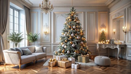 Luxurious modern apartment transformed into winter wonderland with majestic Christmas tree, elegantly wrapped gifts, and sophisticated decorations.