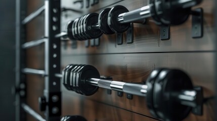 Fototapeta premium A variety of barbells are mounted on a wooden wall in a gym