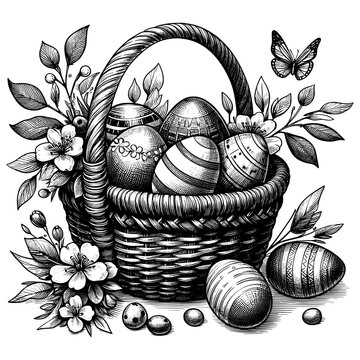 recommend clip art: Vintage ink sketch basket Easter eggs vector line art black hand drawn, illustration background
