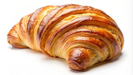 Flaky, golden-brown, crescent-shaped pastry lies horizontally on a pristine, clean, white, empty, and spotless background, perfectly lit.