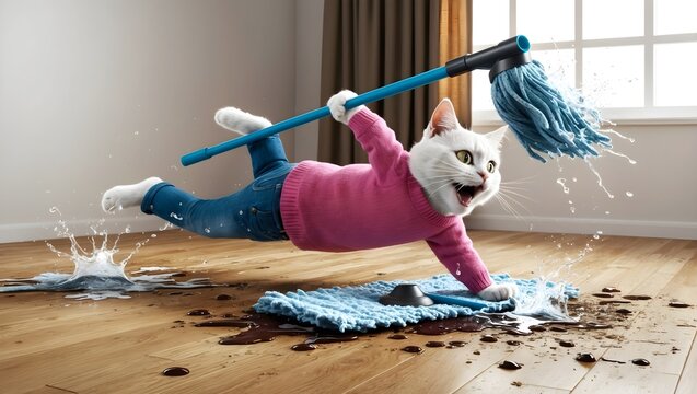 Humorvolle Haustierfotografie: Katze mit Mopp und Jeans