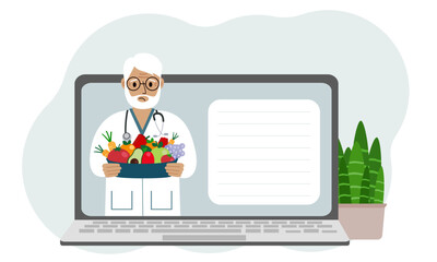 Online video or consultation of a male doctor on a laptop. Dietitian, nutritionist.