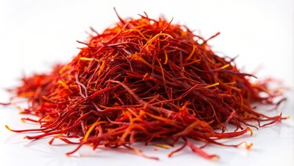 Naklejka premium Vibrant crimson threads of saffron powder sit delicately on a pristine white background, showcasing the prized cooking additive and spice.