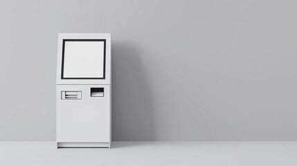 Minimalist cardboard style digital signage kiosk mockup on grey background. Modern display stand design for advertising with blank screen