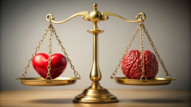 A delicate balance scale weighed down by a golden brain on one side and a crimson heart on the other, symbolizing reason versus emotion.