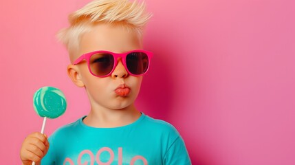 A young boy wearing sunglasses and a blue Polo shirt is holding a lollipop. The image conveys a playful and fun mood, as the boy is posing with his lollipop and sunglasses