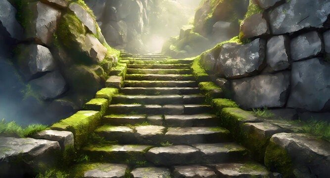 Design a digital texture representing the worn and uneven surface of old stone steps. Generative AI.