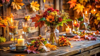Fototapeta premium Vibrant autumn leaves scatter across a rustic wooden table adorned with elegant floral arrangements and delicate glass wedding decorations.