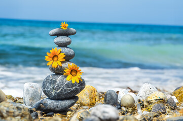 Motivational concept made with shells, mussels, pearls and sea stones