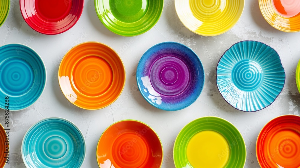 Poster a row of colorful plates with different designs and colors. the plates are arranged in a way that th