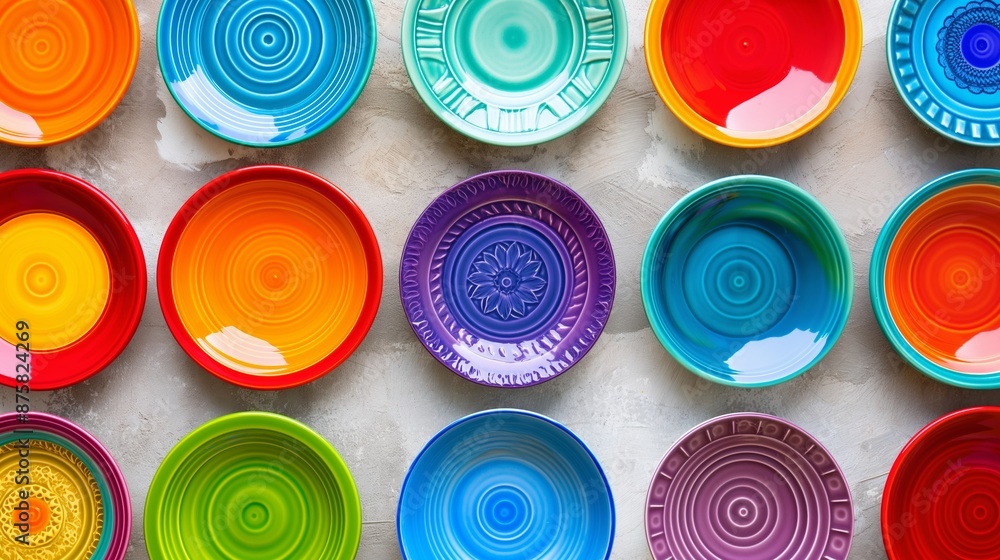 Poster a row of colorful plates with a variety of colors and designs. the plates are arranged in a way that