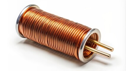 Isolated copper wire coil with iron core forming a simple electromagnet on a clean and minimalist white background.