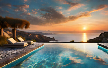 Digital Dreamy Landscape of Pool and Sea at Sunset. Generative AI.