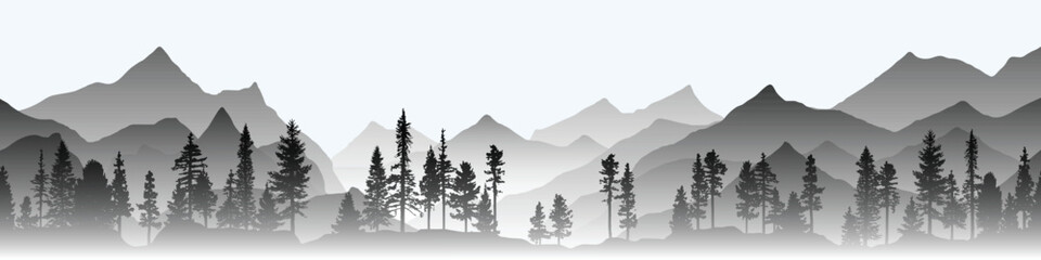 Fototapeta premium Mountain range and forest isolated on white background, panoramic view, vector illustration 
