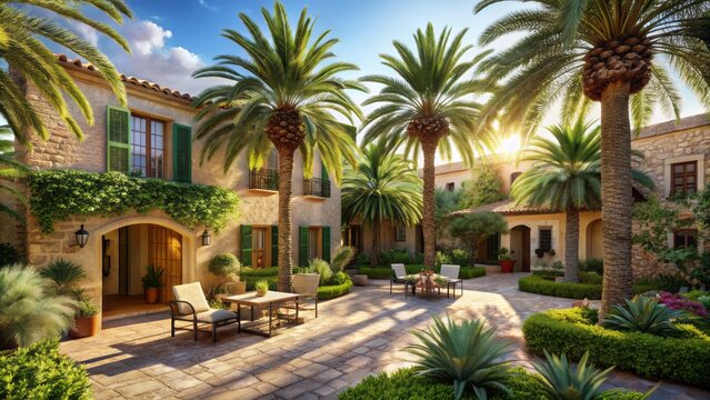 Serene sun-kissed courtyard of a Spanish finca in Mallorca, featuring lush palm trees, soft beige and olive green hues, 3d rendered.