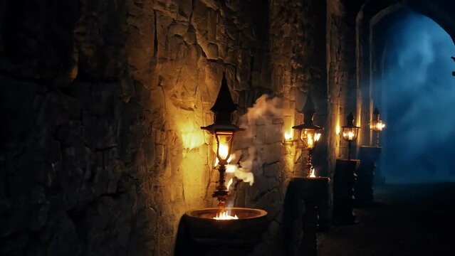 Mysterious medieval castle hallway with torches and fog