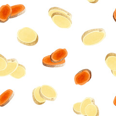 Ginger and turmeric slices watercolor seamless pattern on white background. Raw curcumin vegetable and spicy herb, hand drawn natural ingredient for cooking, organic tea and curry spice