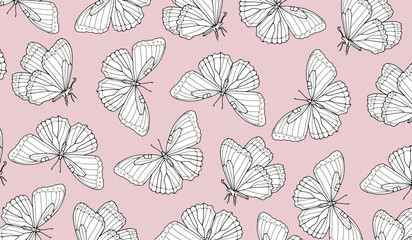 Delicate pink background with butterflies. Black outline of butterflies on a pink background. Vector illustration.